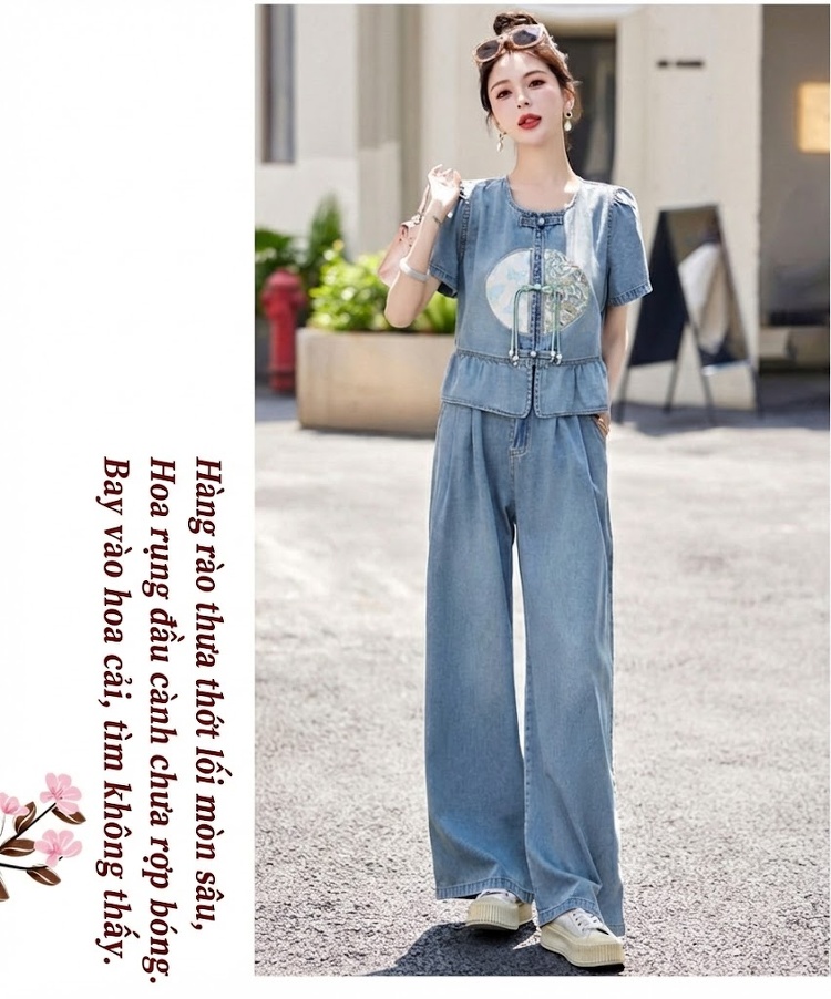 Set Bộ Quần Áo Nữ Jean Ống Rộng Thêu Họa Tiết Phong Cách Trung Hoa Màu Xanh Jean chi tiết 18
