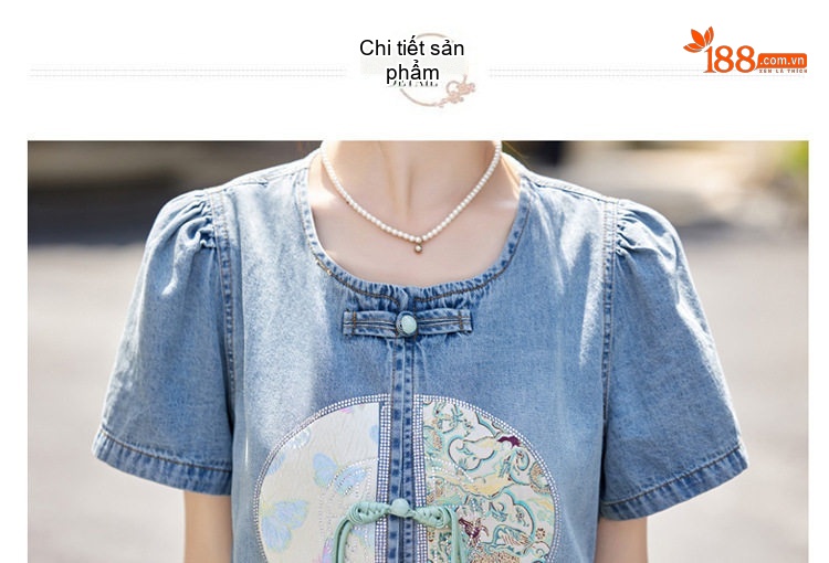 Set Bộ Quần Áo Nữ Jean Ống Rộng Thêu Họa Tiết Phong Cách Trung Hoa Màu Xanh Jean chi tiết 19