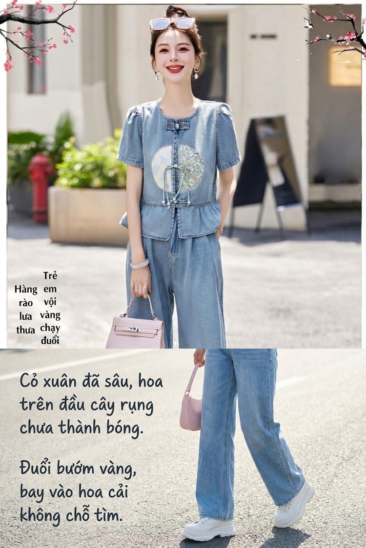 Set Bộ Quần Áo Nữ Jean Ống Rộng Thêu Họa Tiết Phong Cách Trung Hoa Màu Xanh Jean chi tiết 1