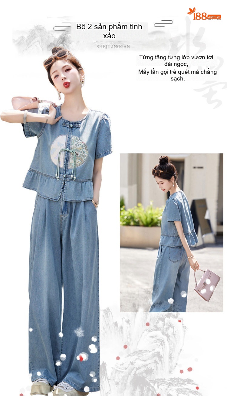 Set Bộ Quần Áo Nữ Jean Ống Rộng Thêu Họa Tiết Phong Cách Trung Hoa Màu Xanh Jean chi tiết 2