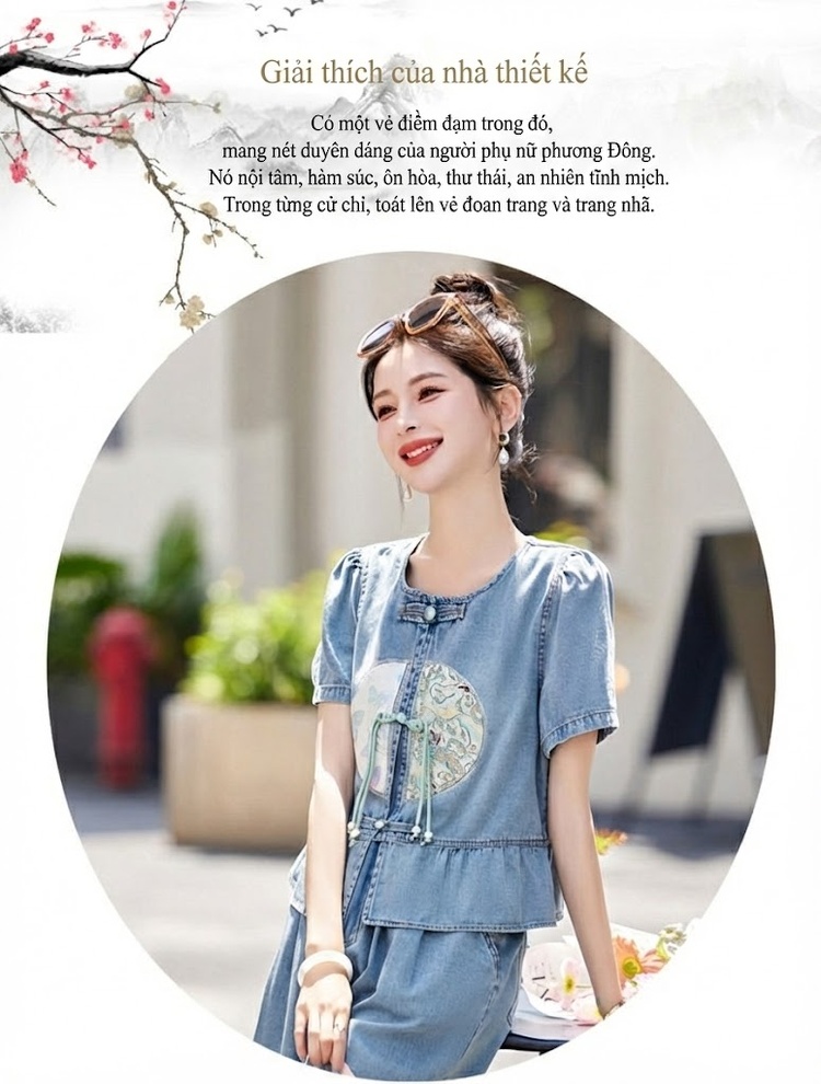 Set Bộ Quần Áo Nữ Jean Ống Rộng Thêu Họa Tiết Phong Cách Trung Hoa Màu Xanh Jean chi tiết 3