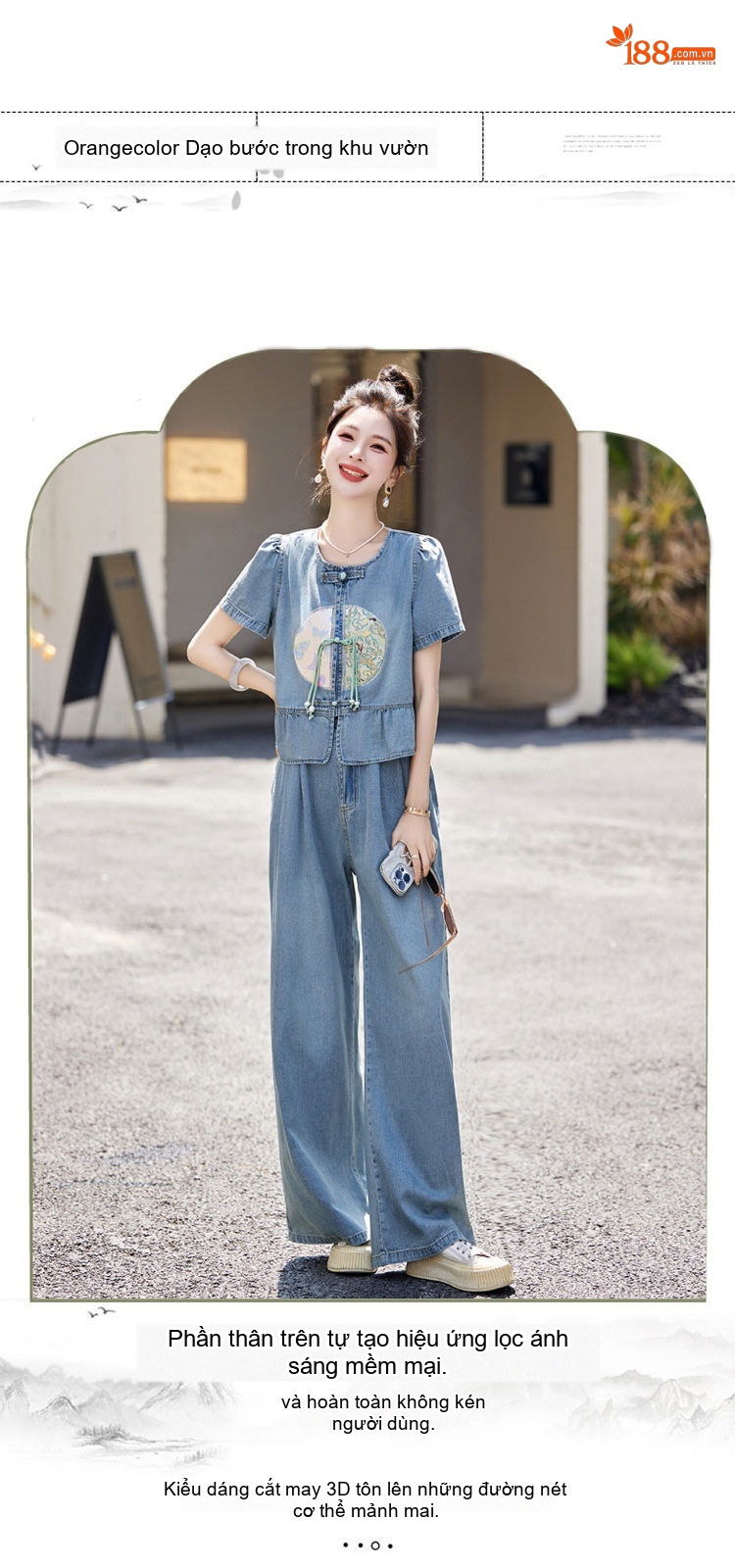 Set Bộ Quần Áo Nữ Jean Ống Rộng Thêu Họa Tiết Phong Cách Trung Hoa Màu Xanh Jean chi tiết 4