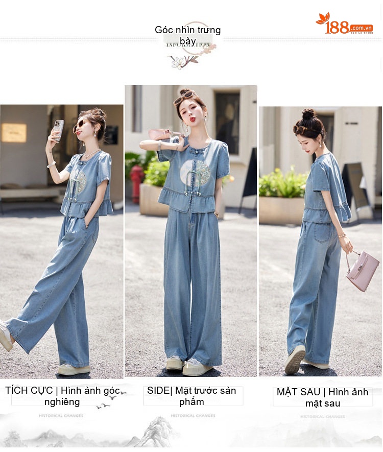 Set Bộ Quần Áo Nữ Jean Ống Rộng Thêu Họa Tiết Phong Cách Trung Hoa Màu Xanh Jean chi tiết 5