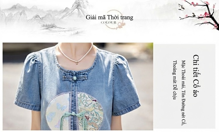 Set Bộ Quần Áo Nữ Jean Ống Rộng Thêu Họa Tiết Phong Cách Trung Hoa Màu Xanh Jean chi tiết 6
