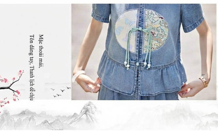 Set Bộ Quần Áo Nữ Jean Ống Rộng Thêu Họa Tiết Phong Cách Trung Hoa Màu Xanh Jean chi tiết 7