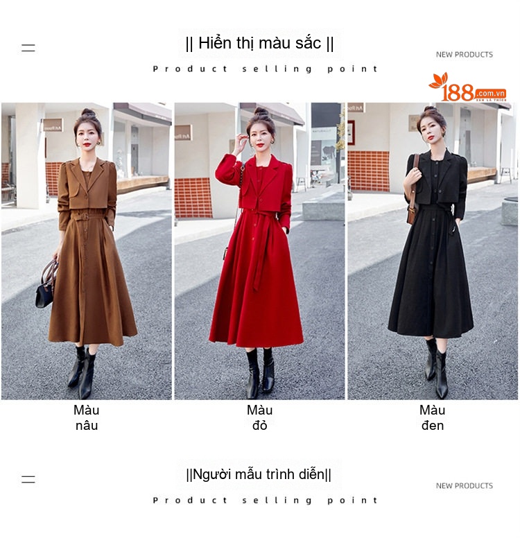 Set Bộ Quần Áo Nữ Thiết Kế Áo Khoác Lửng Và Váy Liền Thắt Eo Phong Cách Retro Màu Đỏ, Nâu, Đen chi tiết 10