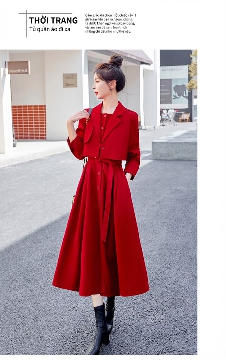 Set Bộ Quần Áo Nữ Thiết Kế Áo Khoác Lửng Và Váy Liền Thắt Eo Phong Cách Retro Màu Đỏ, Nâu, Đen chi tiết 17