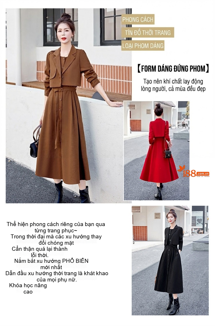 Set Bộ Quần Áo Nữ Thiết Kế Áo Khoác Lửng Và Váy Liền Thắt Eo Phong Cách Retro Màu Đỏ, Nâu, Đen chi tiết 2