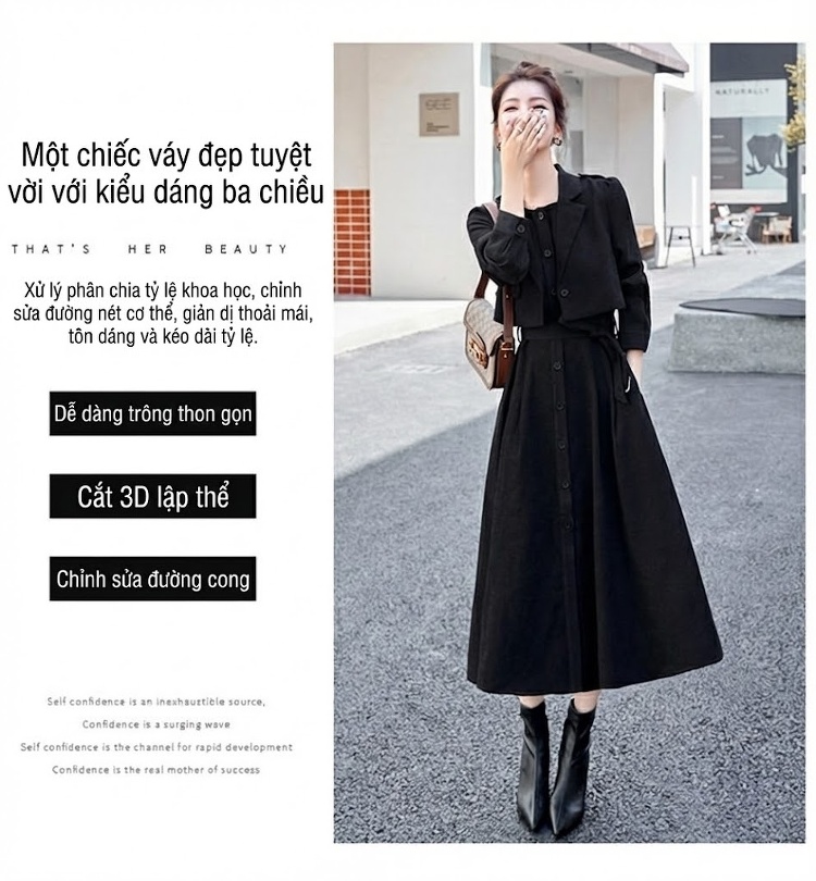 Set Bộ Quần Áo Nữ Thiết Kế Áo Khoác Lửng Và Váy Liền Thắt Eo Phong Cách Retro Màu Đỏ, Nâu, Đen chi tiết 7