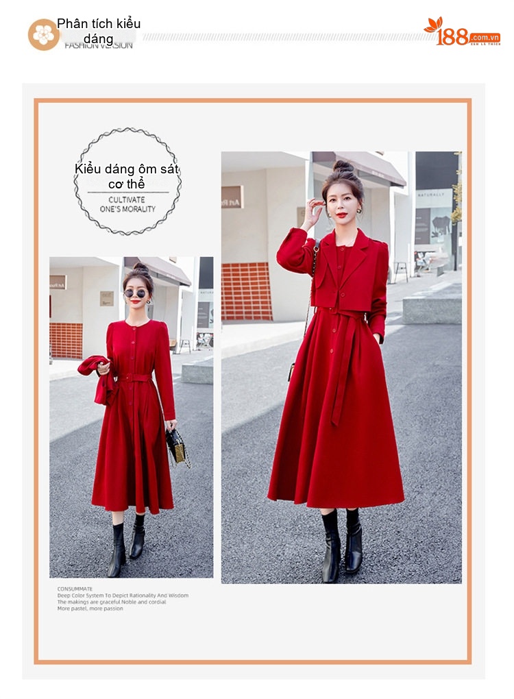 Set Bộ Quần Áo Nữ Thiết Kế Áo Khoác Lửng Và Váy Liền Thắt Eo Phong Cách Retro Màu Đỏ, Nâu, Đen chi tiết 3