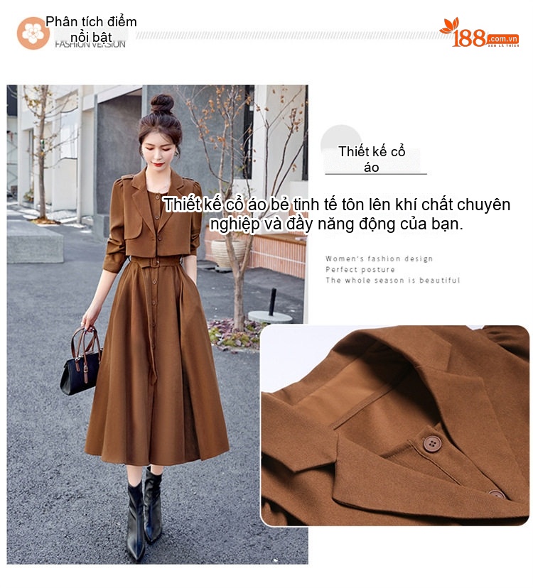 Set Bộ Quần Áo Nữ Thiết Kế Áo Khoác Lửng Và Váy Liền Thắt Eo Phong Cách Retro Màu Đỏ, Nâu, Đen chi tiết 4