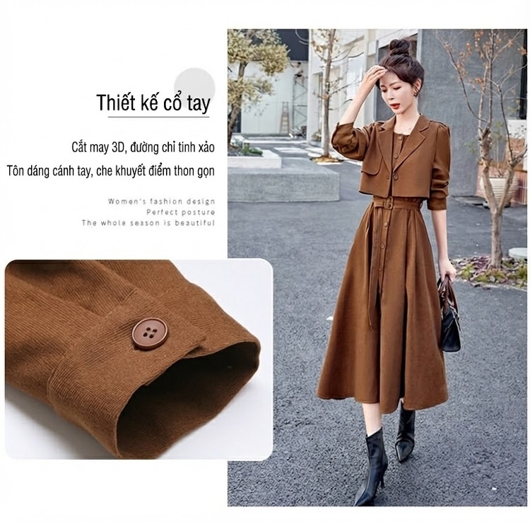 Set Bộ Quần Áo Nữ Thiết Kế Áo Khoác Lửng Và Váy Liền Thắt Eo Phong Cách Retro Màu Đỏ, Nâu, Đen chi tiết 5