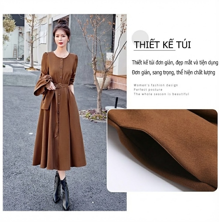 Set Bộ Quần Áo Nữ Thiết Kế Áo Khoác Lửng Và Váy Liền Thắt Eo Phong Cách Retro Màu Đỏ, Nâu, Đen chi tiết 6