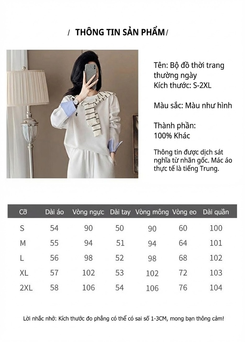 Set Bộ Quần Áo Nữ Thu Đông Dáng Rộng Kiểu Hàn Quốc Trẻ Trung Màu Trắng, Xanh Navy chi tiết 1
