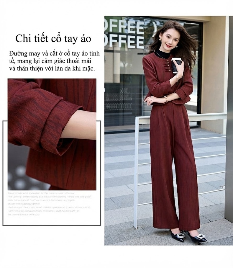 Set Bộ Quần Áo Nữ Thu Đông Kẻ Sọc Áo Khoác Lửng Quần Ống Rộng Màu Nâu, Xám, Đỏ chi tiết 5