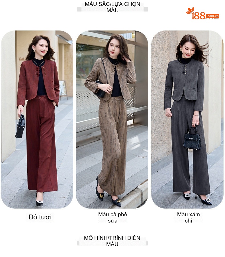 Set Bộ Quần Áo Nữ Thu Đông Kẻ Sọc Áo Khoác Lửng Quần Ống Rộng Màu Nâu, Xám, Đỏ chi tiết 9