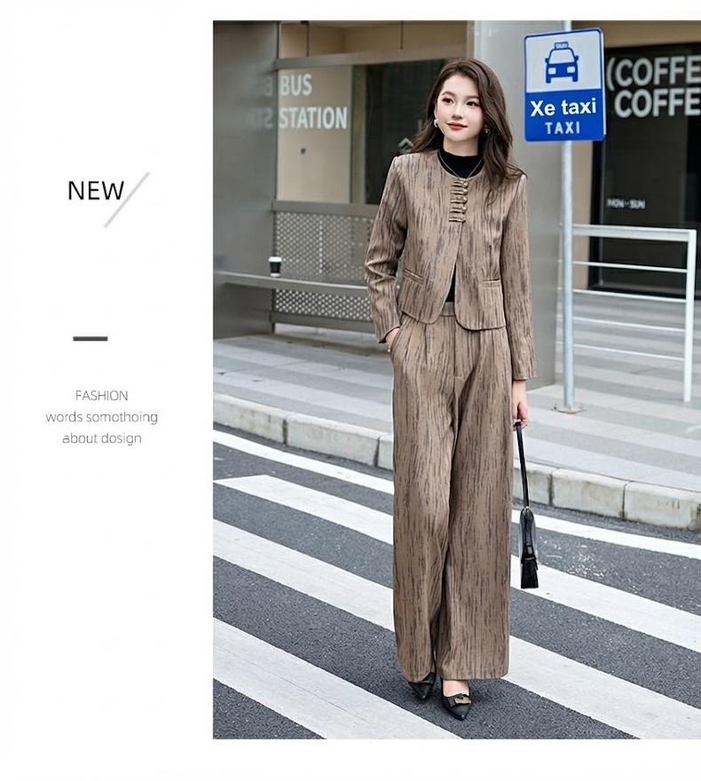 Set Bộ Quần Áo Nữ Thu Đông Kẻ Sọc Áo Khoác Lửng Quần Ống Rộng Màu Nâu, Xám, Đỏ chi tiết 23
