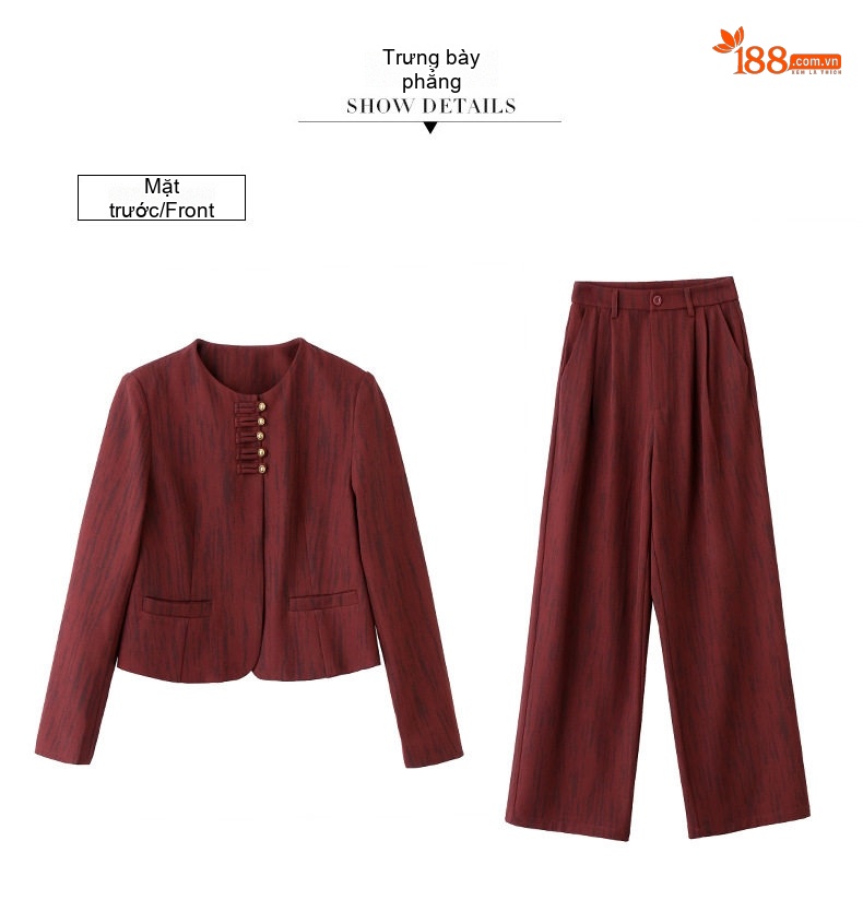 Set Bộ Quần Áo Nữ Thu Đông Kẻ Sọc Áo Khoác Lửng Quần Ống Rộng Màu Nâu, Xám, Đỏ chi tiết 34