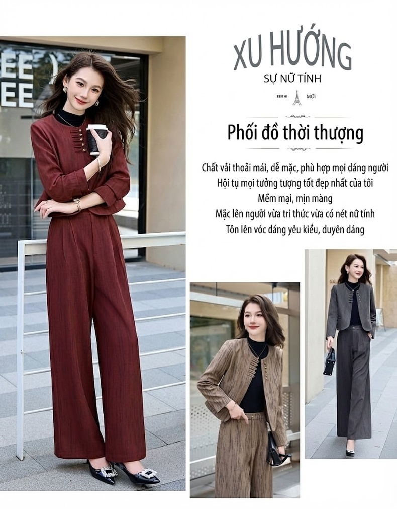 Set Bộ Quần Áo Nữ Thu Đông Kẻ Sọc Áo Khoác Lửng Quần Ống Rộng Màu Nâu, Xám, Đỏ chi tiết 2