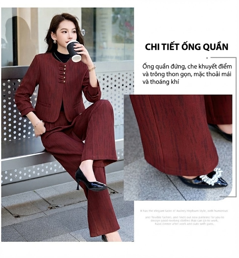 Set Bộ Quần Áo Nữ Thu Đông Kẻ Sọc Áo Khoác Lửng Quần Ống Rộng Màu Nâu, Xám, Đỏ chi tiết 6