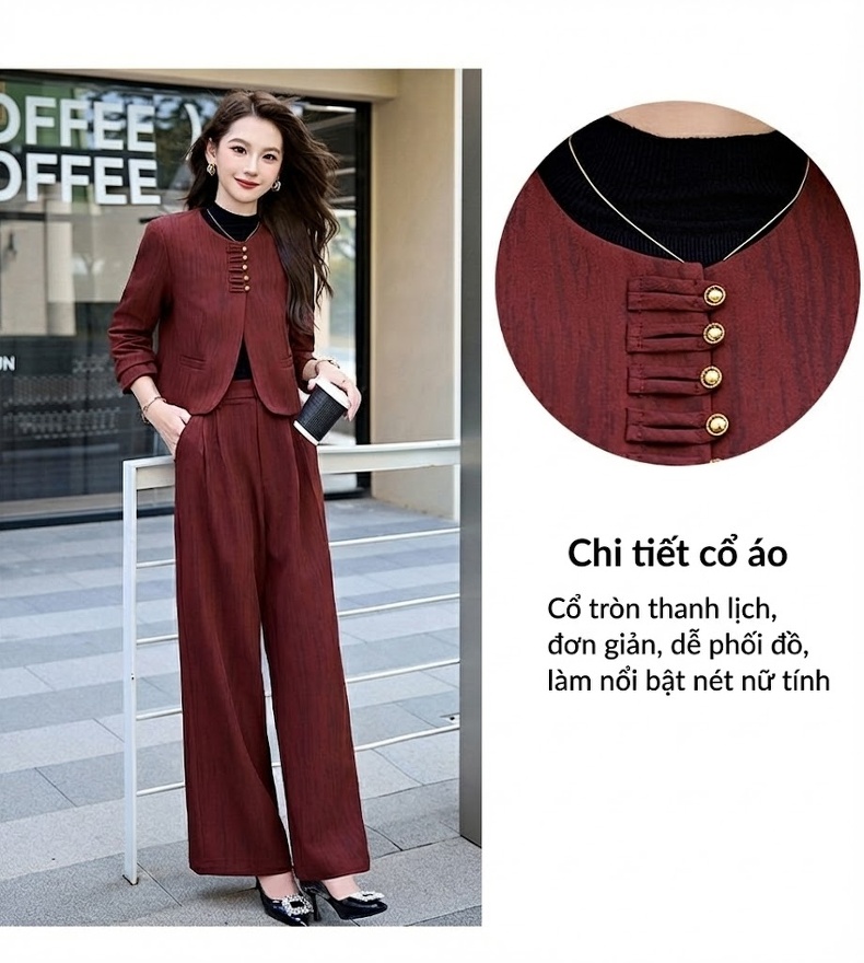 Set Bộ Quần Áo Nữ Thu Đông Kẻ Sọc Áo Khoác Lửng Quần Ống Rộng Màu Nâu, Xám, Đỏ chi tiết 4