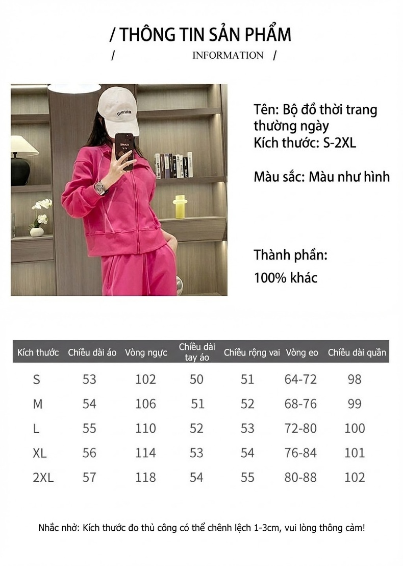 Set Bộ Quần Áo Thể Thao Nữ Áo Khoác Dáng Rộng Quần Ống Rộng Màu Hồng chi tiết 3