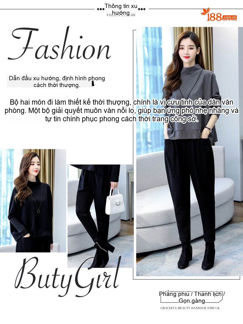 Set Bộ Quần Áo Thu Đông Nữ Dáng Rộng, Kiểu Dáng Thời Trang Màu Xanh, Đen, Xám chi tiết 6