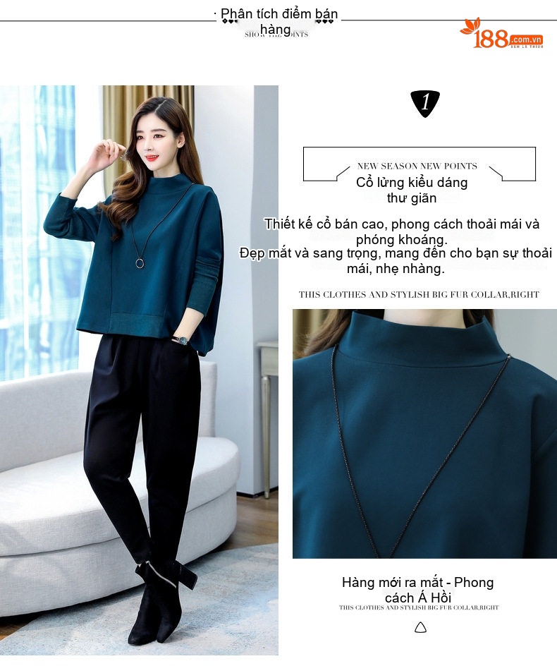 Set Bộ Quần Áo Thu Đông Nữ Dáng Rộng, Kiểu Dáng Thời Trang Màu Xanh, Đen, Xám chi tiết 7