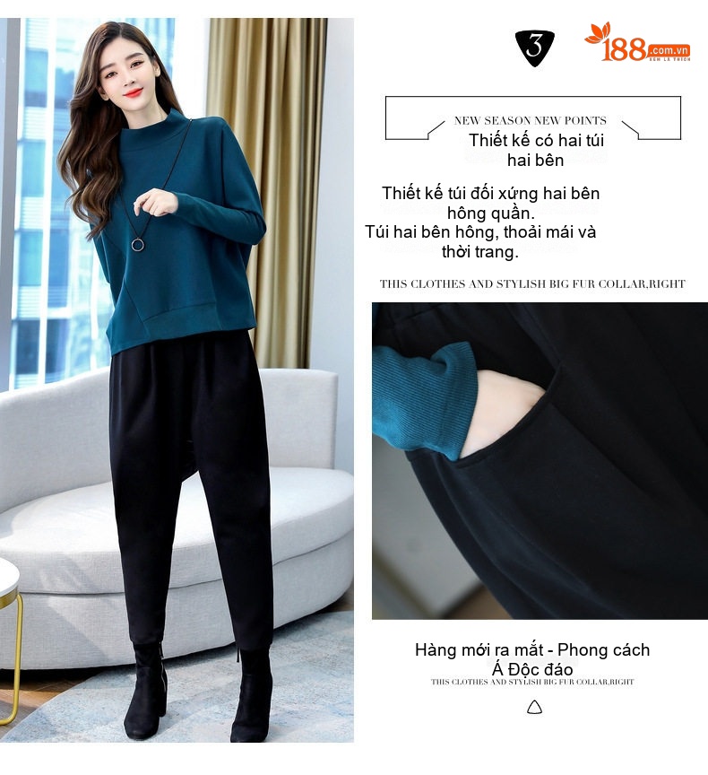 Set Bộ Quần Áo Thu Đông Nữ Dáng Rộng, Kiểu Dáng Thời Trang Màu Xanh, Đen, Xám chi tiết 9