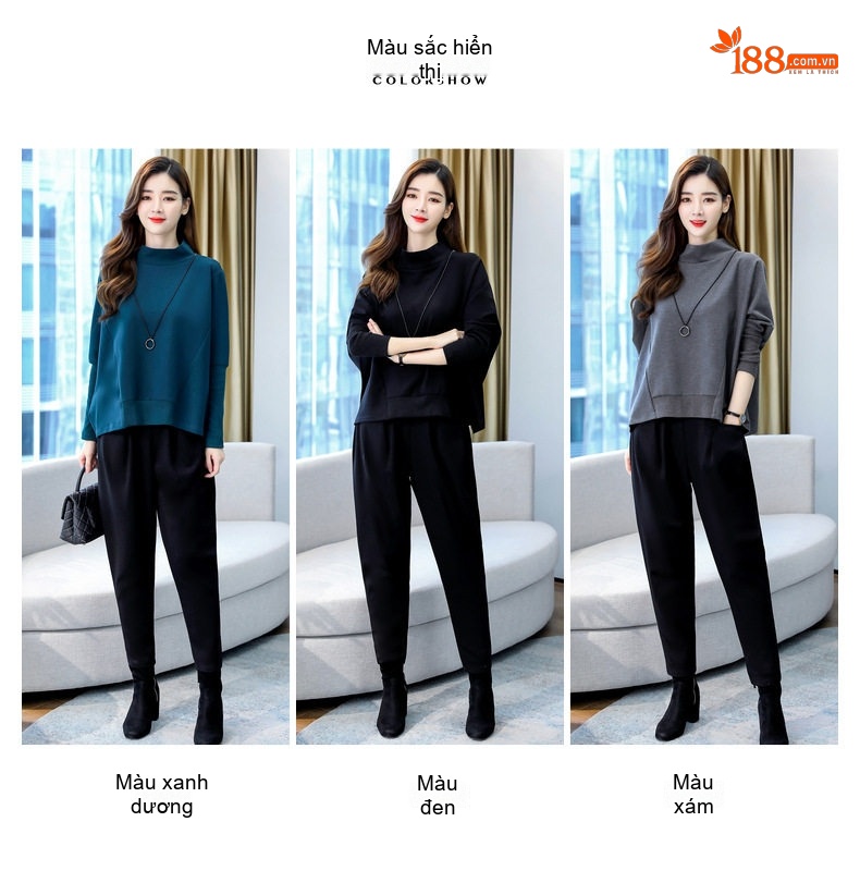 Set Bộ Quần Áo Thu Đông Nữ Dáng Rộng, Kiểu Dáng Thời Trang Màu Xanh, Đen, Xám chi tiết 10