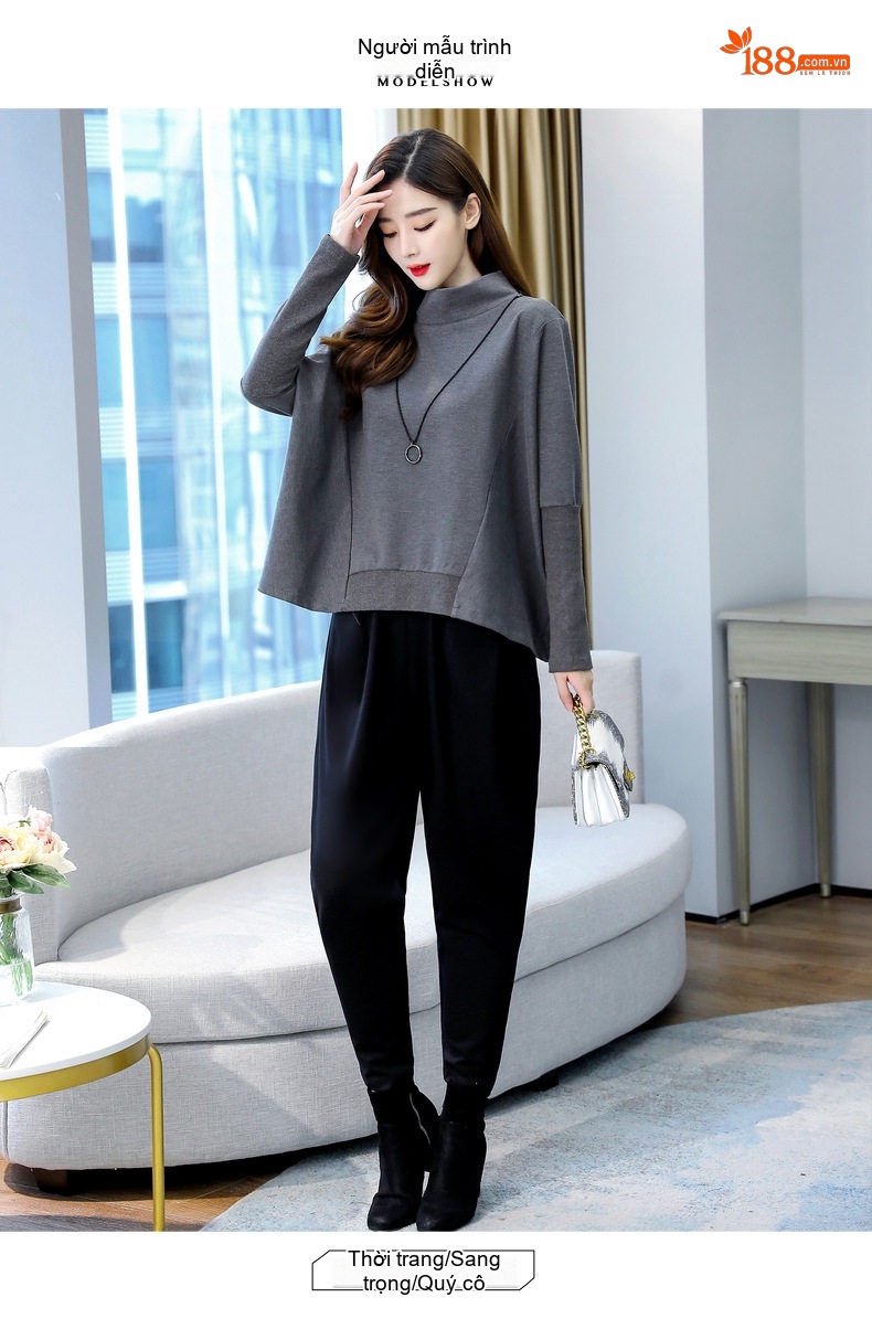Set Bộ Quần Áo Thu Đông Nữ Dáng Rộng, Kiểu Dáng Thời Trang Màu Xanh, Đen, Xám chi tiết 11
