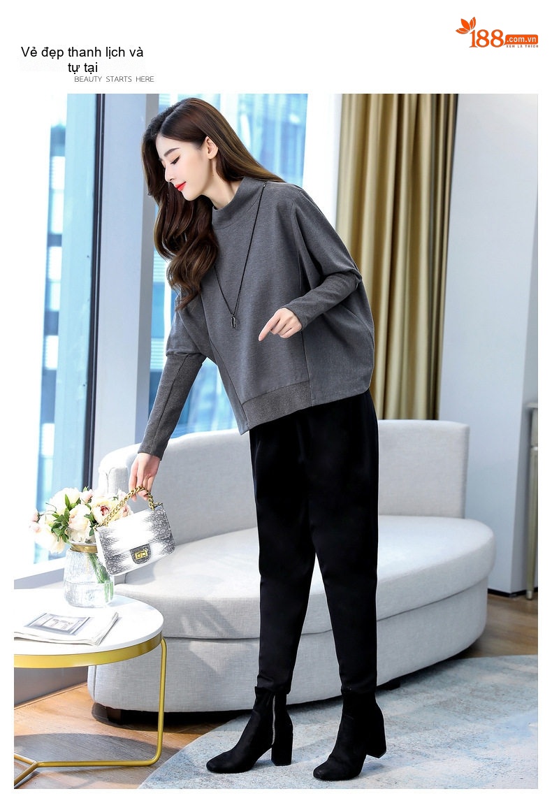 Set Bộ Quần Áo Thu Đông Nữ Dáng Rộng, Kiểu Dáng Thời Trang Màu Xanh, Đen, Xám chi tiết 13
