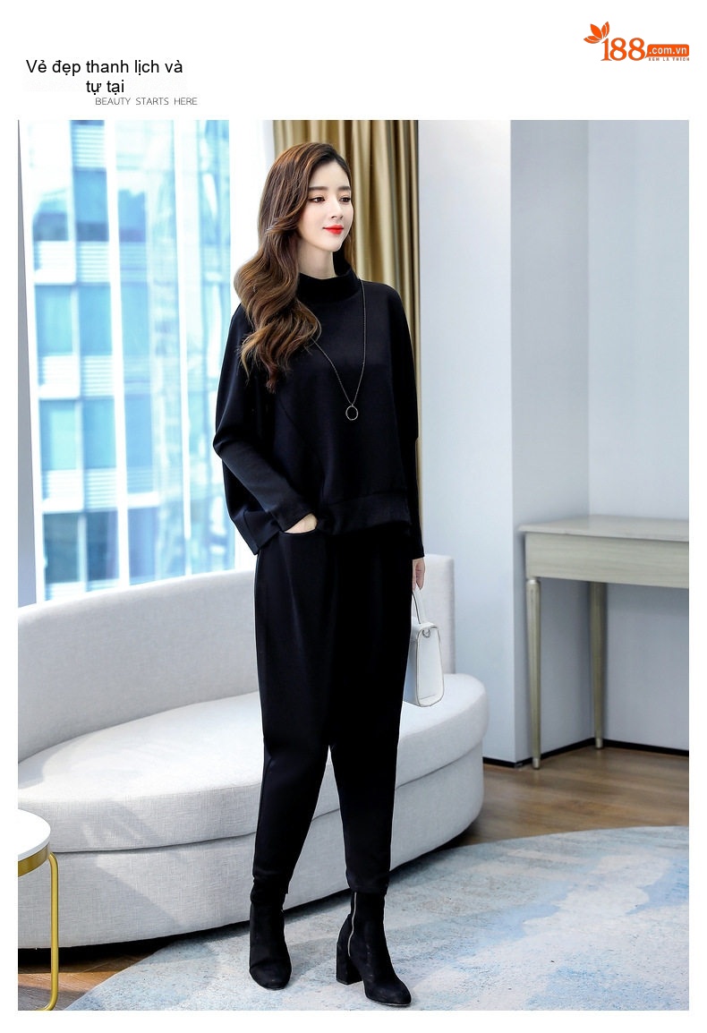 Set Bộ Quần Áo Thu Đông Nữ Dáng Rộng, Kiểu Dáng Thời Trang Màu Xanh, Đen, Xám chi tiết 18