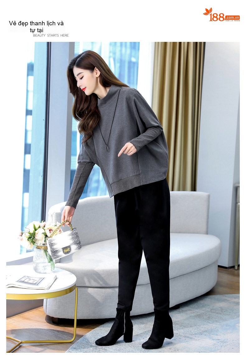 Set Bộ Quần Áo Thu Đông Nữ Dáng Rộng, Kiểu Dáng Thời Trang Màu Xanh, Đen, Xám chi tiết 28