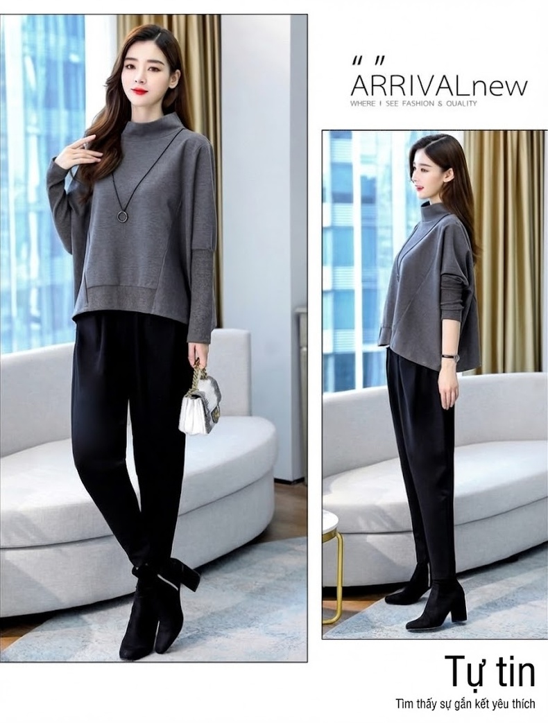 Set Bộ Quần Áo Thu Đông Nữ Dáng Rộng, Kiểu Dáng Thời Trang Màu Xanh, Đen, Xám chi tiết 12