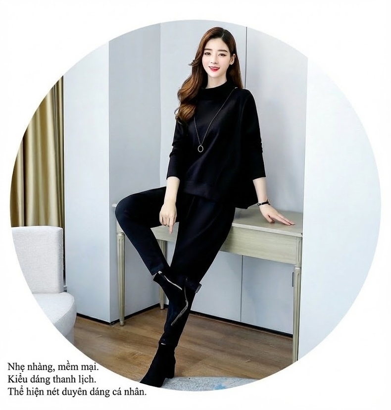 Set Bộ Quần Áo Thu Đông Nữ Dáng Rộng, Kiểu Dáng Thời Trang Màu Xanh, Đen, Xám chi tiết 24