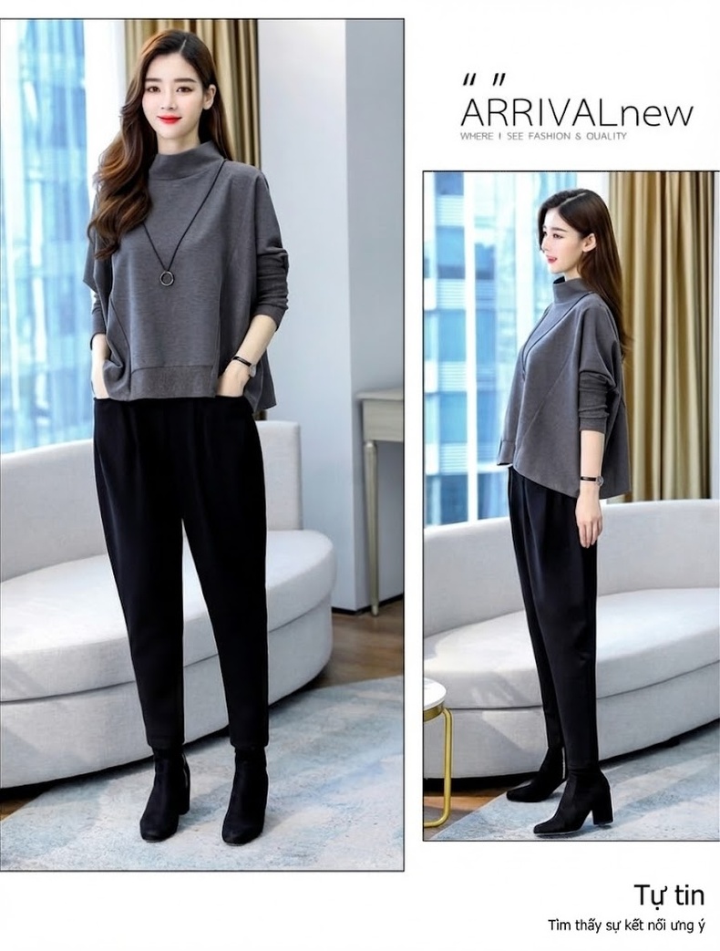 Set Bộ Quần Áo Thu Đông Nữ Dáng Rộng, Kiểu Dáng Thời Trang Màu Xanh, Đen, Xám chi tiết 27