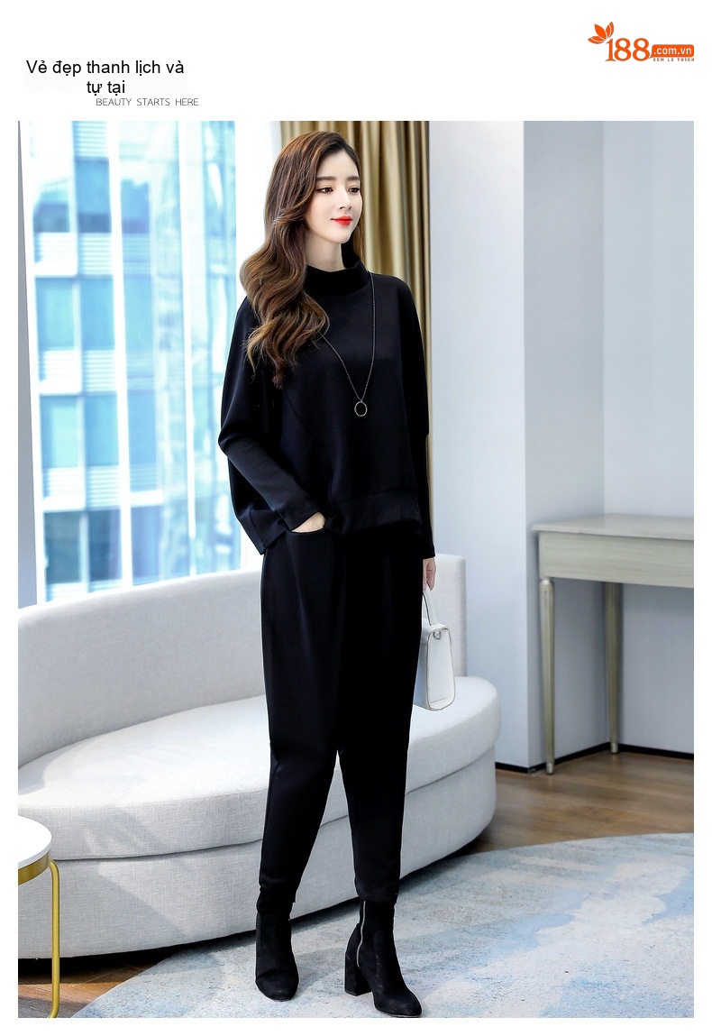 Set Bộ Quần Áo Thu Đông Nữ Dáng Rộng, Kiểu Dáng Thời Trang Màu Xanh, Đen, Xám chi tiết 22