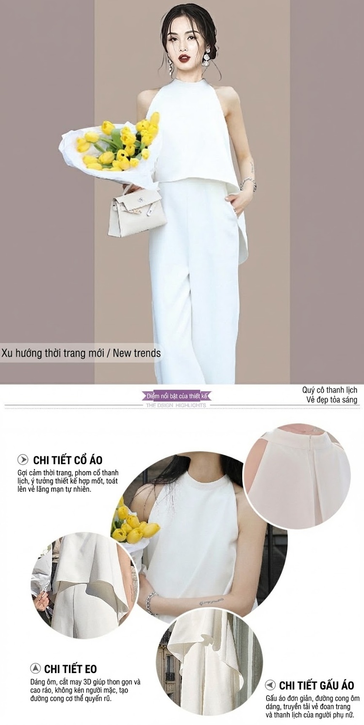 Set Bộ Quần Ống Rộng Áo Yếm Cổ Yếm Nữ Màu Trắng chi tiết 2