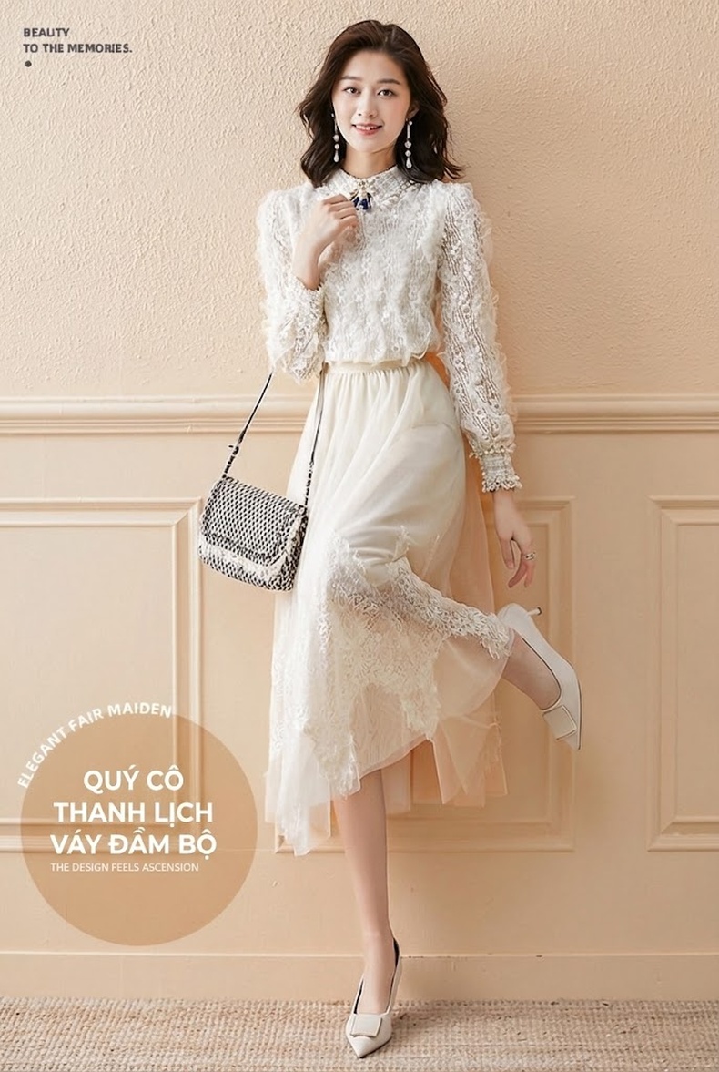Set Bộ Tiểu Thư Áo Dài Tay Chân Váy Voan Ren Nữ Tính Màu Trắng Kem chi tiết 1