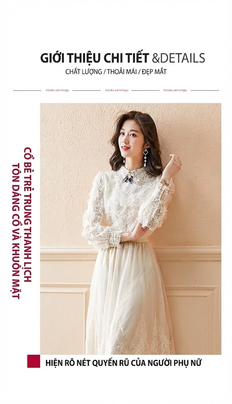Set Bộ Tiểu Thư Áo Dài Tay Chân Váy Voan Ren Nữ Tính Màu Trắng Kem chi tiết 2