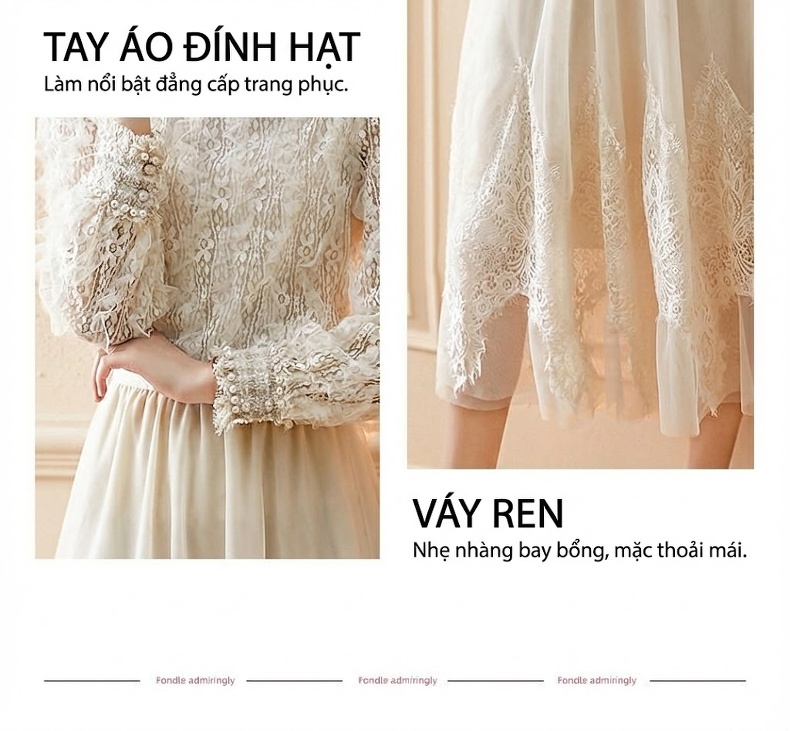 Set Bộ Tiểu Thư Áo Dài Tay Chân Váy Voan Ren Nữ Tính Màu Trắng Kem chi tiết 3
