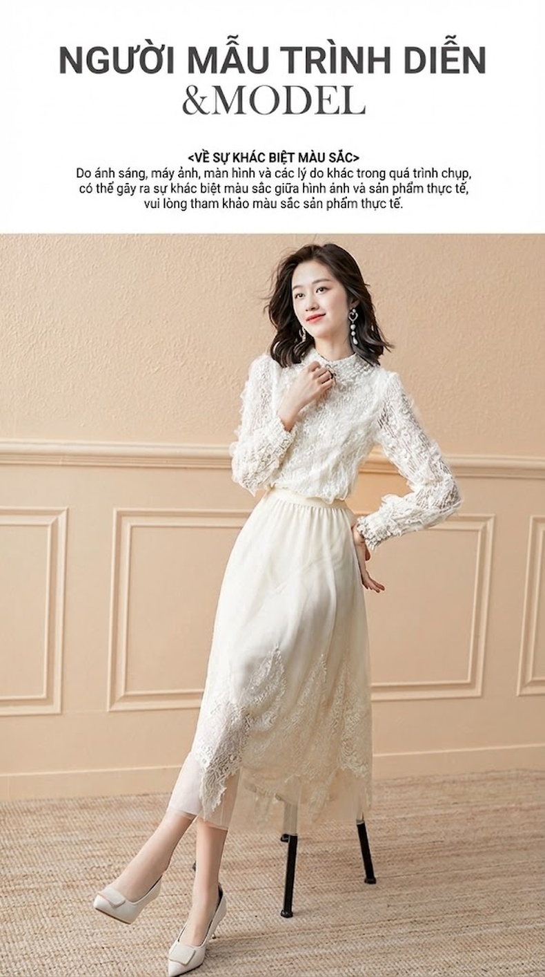 Set Bộ Tiểu Thư Áo Dài Tay Chân Váy Voan Ren Nữ Tính Màu Trắng Kem chi tiết 7