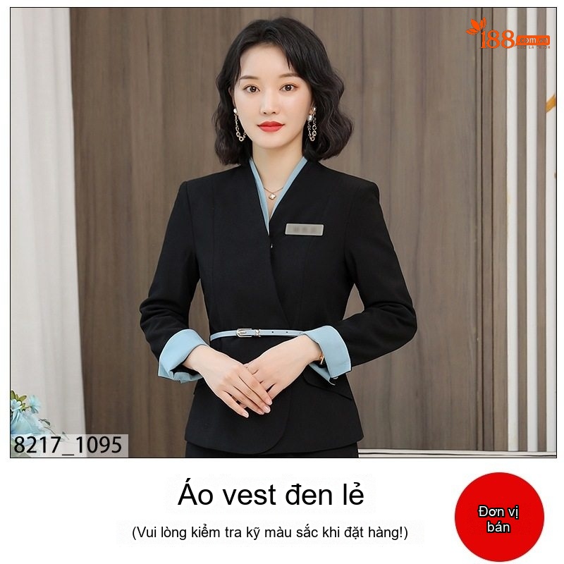 Set Bộ Vest Công Sở Nữ Tay Dài Cổ chữ V Màu Xanh Navy Phối Đỏ
