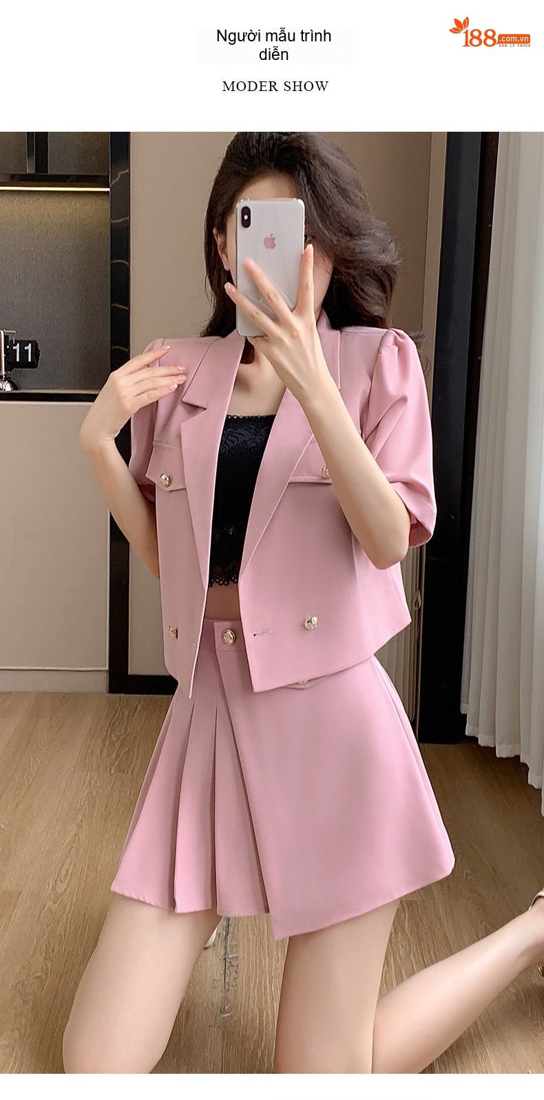 Set Bộ Vest Công Sở Nữ Tay Ngắn Kèm Chân Váy Xếp Ly Phong Cách Hàn Quốc Màu Hồng, Xanh Lá chi tiết 13