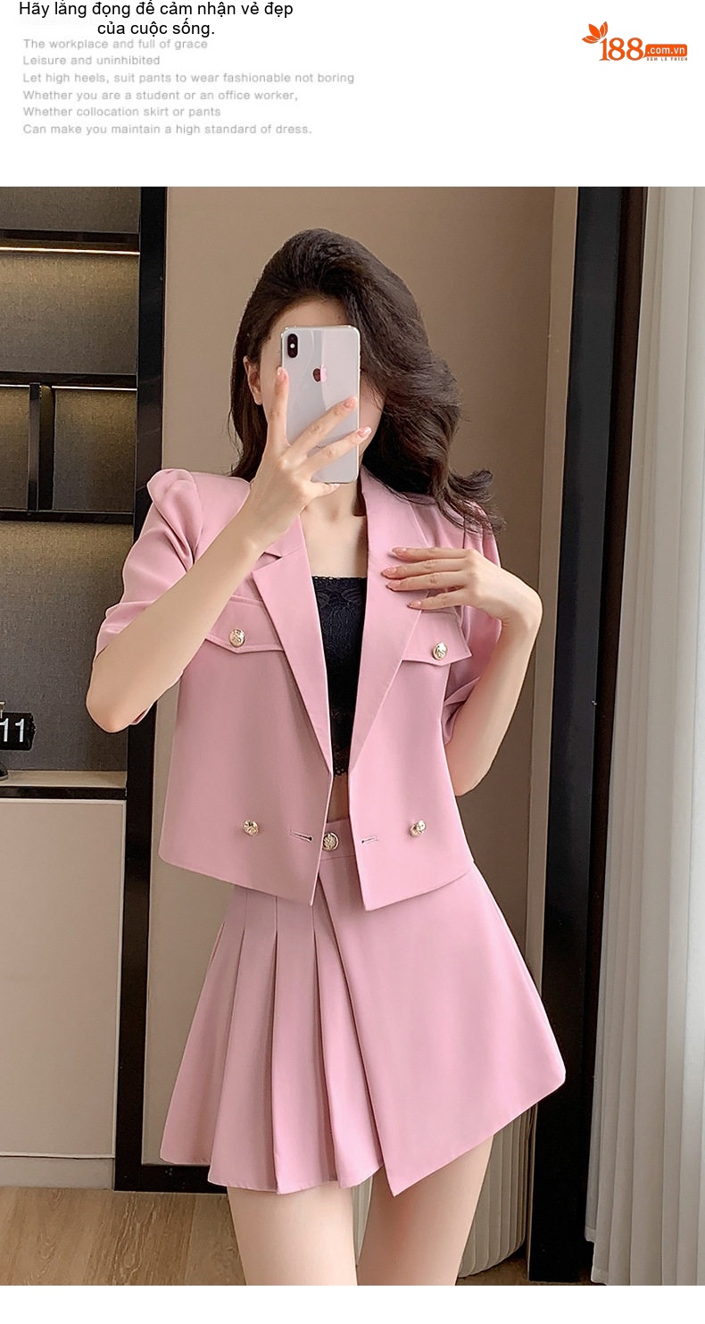 Set Bộ Vest Công Sở Nữ Tay Ngắn Kèm Chân Váy Xếp Ly Phong Cách Hàn Quốc Màu Hồng, Xanh Lá chi tiết 15