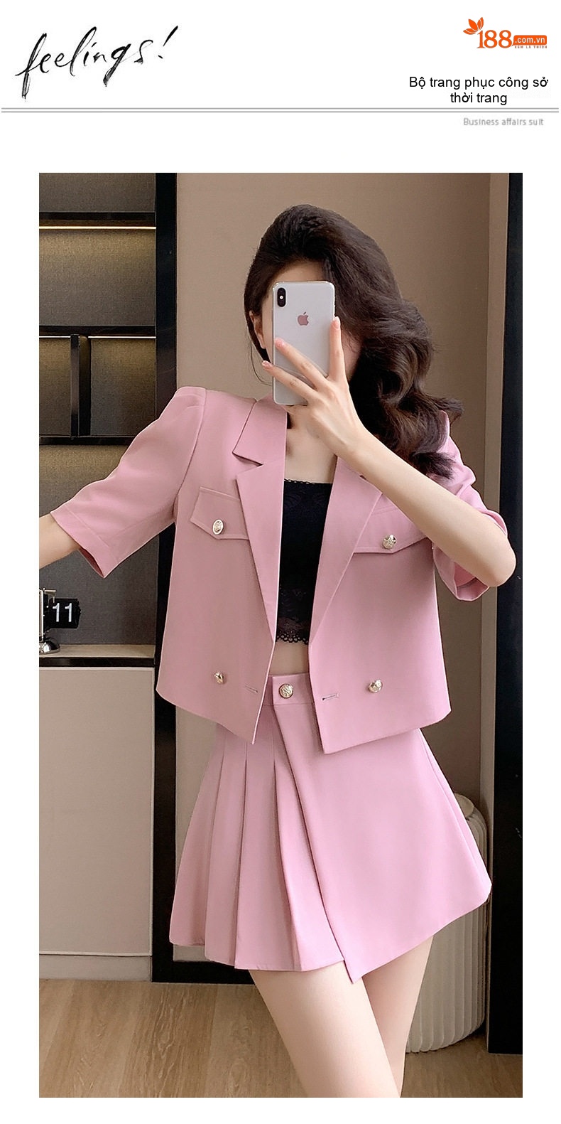 Set Bộ Vest Công Sở Nữ Tay Ngắn Kèm Chân Váy Xếp Ly Phong Cách Hàn Quốc Màu Hồng, Xanh Lá chi tiết 16