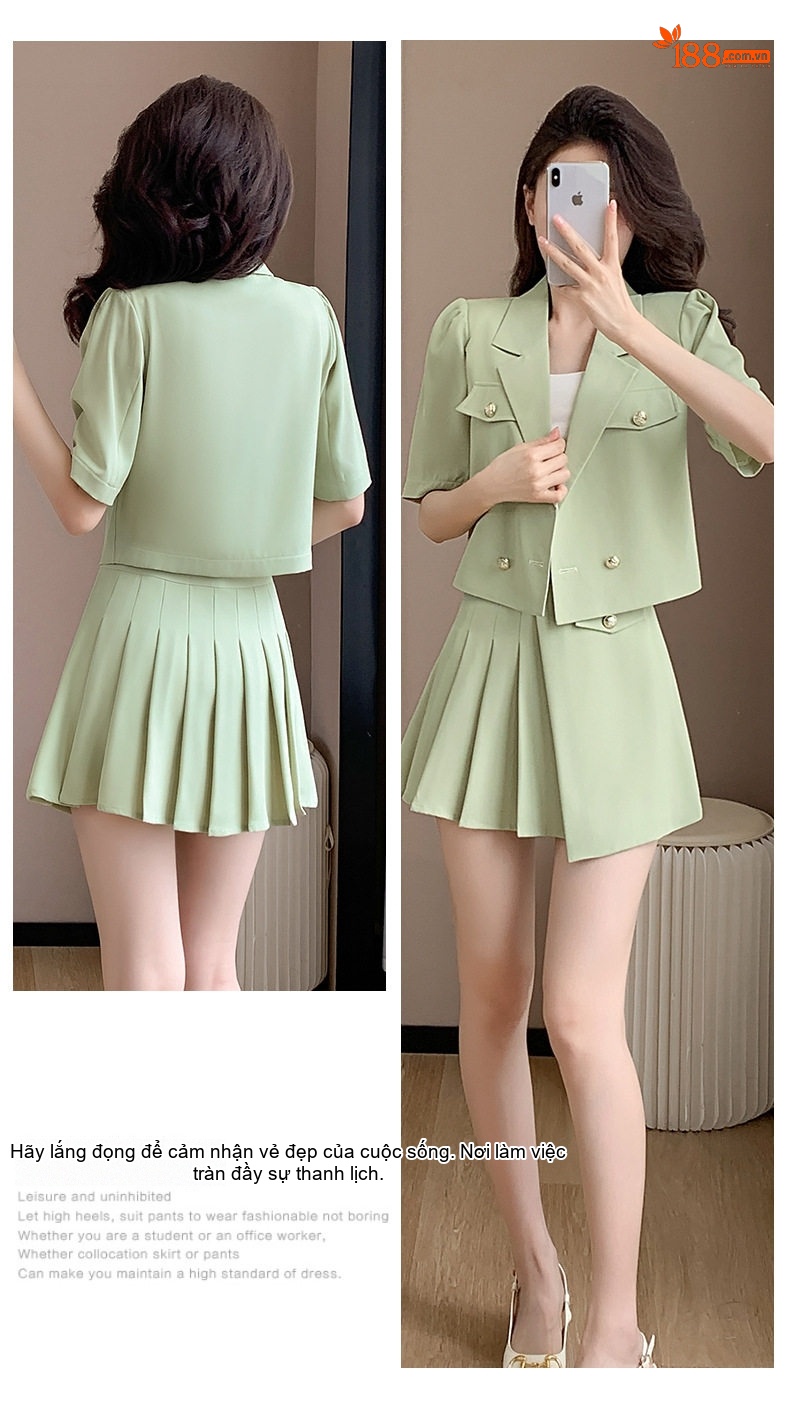 Set Bộ Vest Công Sở Nữ Tay Ngắn Kèm Chân Váy Xếp Ly Phong Cách Hàn Quốc Màu Hồng, Xanh Lá chi tiết 20