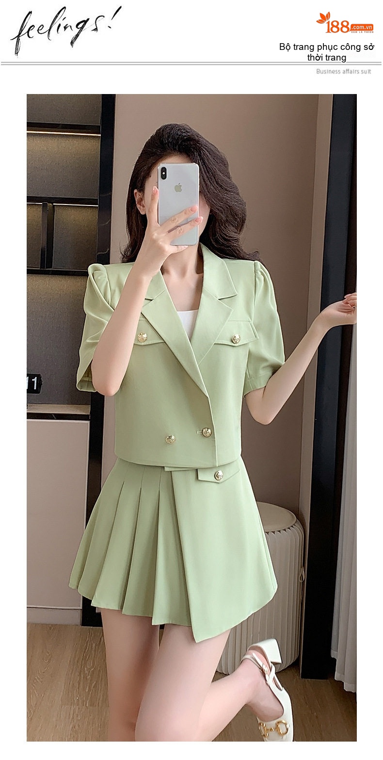 Set Bộ Vest Công Sở Nữ Tay Ngắn Kèm Chân Váy Xếp Ly Phong Cách Hàn Quốc Màu Hồng, Xanh Lá chi tiết 21
