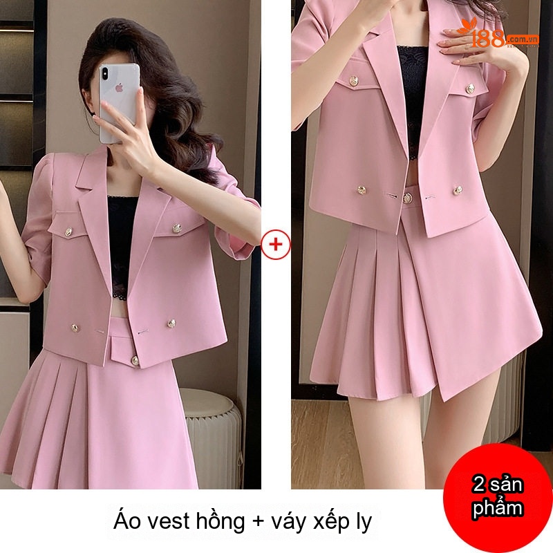 Set Bộ Vest Công Sở Nữ Tay Ngắn Kèm Chân Váy Xếp Ly Phong Cách Hàn Quốc Màu Hồng, Xanh Lá